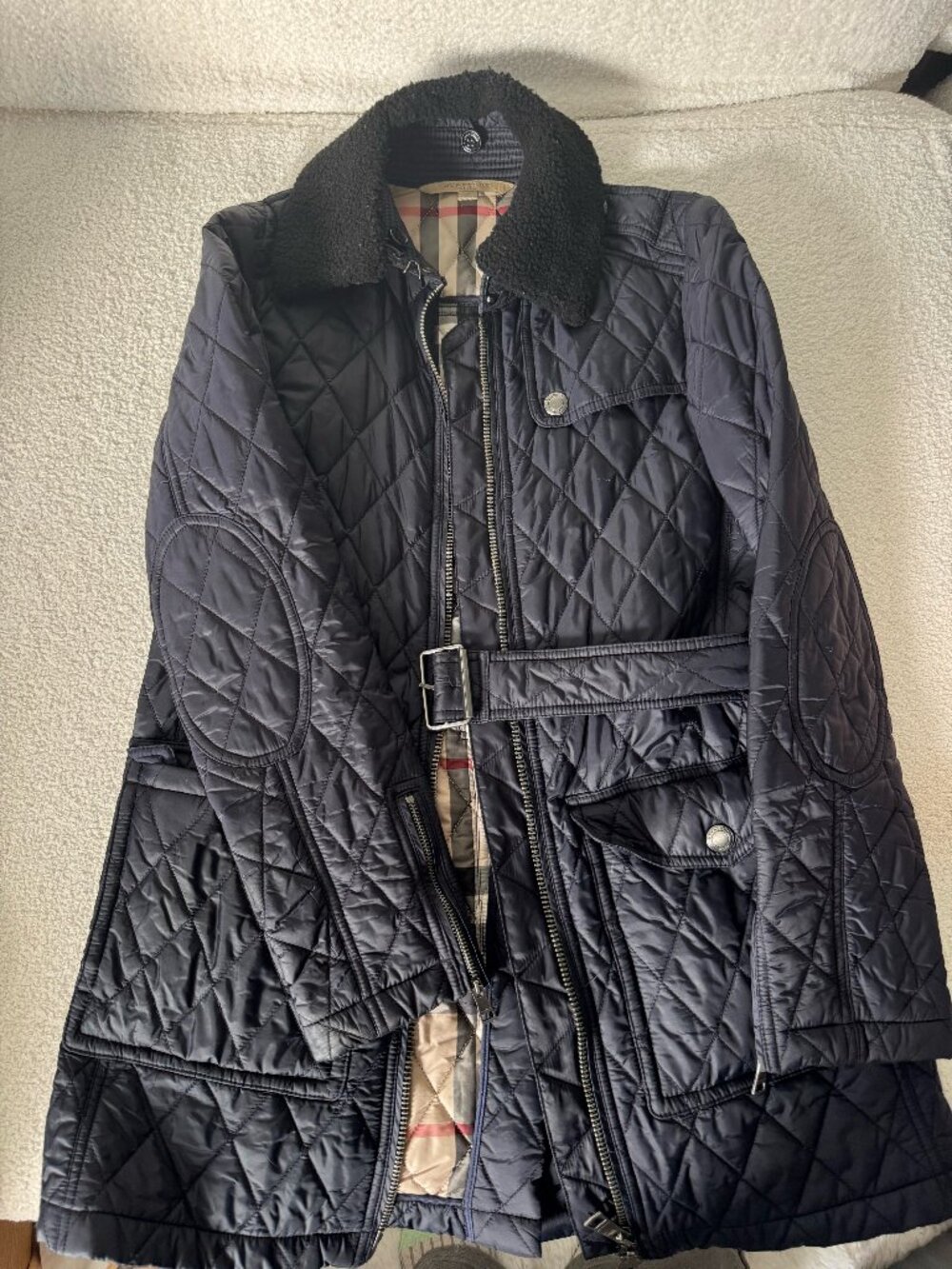 Burberry Brit Navy Diamond Quilted Belted Jacket Shearling Collar Check XS